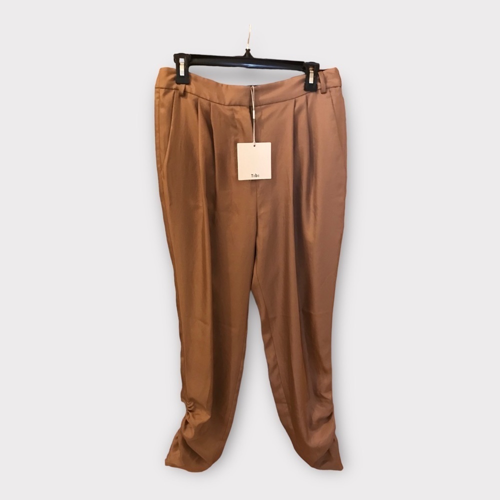TIBI Mendini Twill Shirred Ruched Pants, Size 6, Sabro, Shiny, Drawstrin…